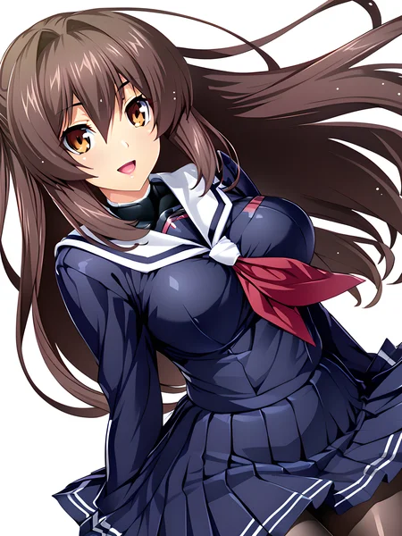 (masterpiece),(best quality),(ultra-detailed),(best illustration),(best shadow),(absurdres),(detailed background),(very aesthetic), marina katsuragi, schooluni, 1girl, solo, large breasts, long hair, brown hair, pantyhose, school uniform, skirt, open mouth, smile, black pantyhose, serafuku, white background, simple background, looking at viewer, pleated skirt, smile, upper body view, <lora:XL-Marina_Katsuragièå_ççå¥_-_Kouyoku_Senki_ExS-TiAå
翼æ¦å§«ã¨ã¯ã¹ãã£ã¢_SDXL_Animagine_XL_3.1v2:1>