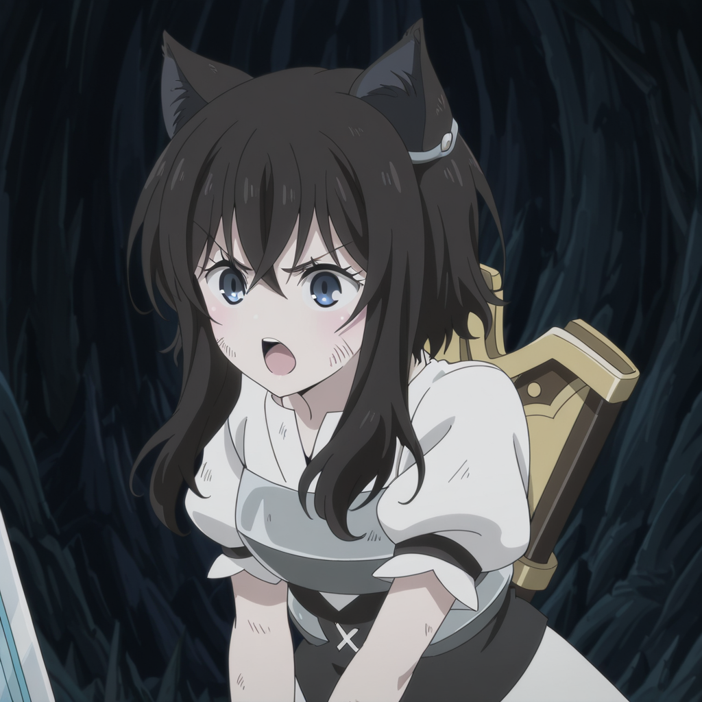 nsfw, masterpiece,best quality,amazing quality,1girl, solo, reincarnated_as_a_sword_fran, animal ears, blue eyes, weapon, black hair, puffy sleeves, open mouth, anime coloring, v-shaped eyebrows, hair between eyes, bangs, sword, puffy short sleeves, armor, short sleeves, long hair, dirty, breastplate, dirty face, brown hair, <lora:Fran_-_Reincarnated_as_a_Sword:0.7>