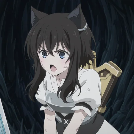 nsfw, masterpiece,best quality,amazing quality,1girl, solo, reincarnated_as_a_sword_fran, animal ears, blue eyes, weapon, black hair, puffy sleeves, open mouth, anime coloring, v-shaped eyebrows, hair between eyes, bangs, sword, puffy short sleeves, armor, short sleeves, long hair, dirty, breastplate, dirty face, brown hair, <lora:Fran_-_Reincarnated_as_a_Sword:0.7>