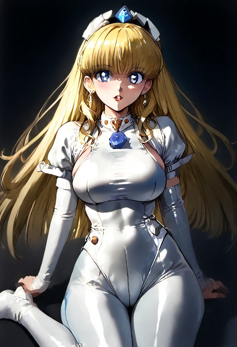 Retro art Style, full_details, 1 girl, solo, blue eyes, detailed pupils, long hair, blonde hair, straight bangs, breasts, big breasts, latex shrug (clothing), latex legwear, reverse outfit, Fantasy background