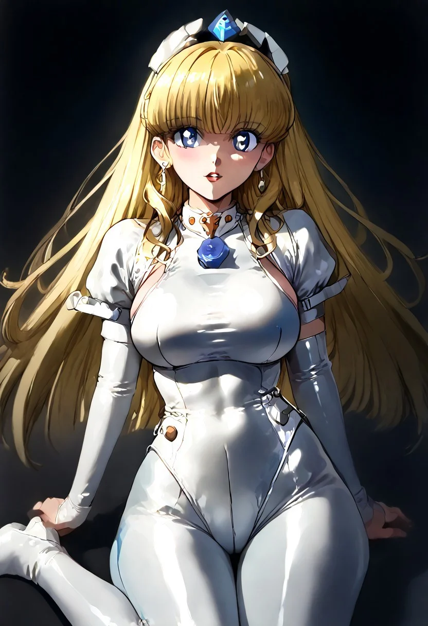 Retro art Style, full_details, 1 girl, solo, blue eyes, detailed pupils, long hair, blonde hair, straight bangs, breasts, big breasts, latex shrug (clothing), latex legwear, reverse outfit, Fantasy background
