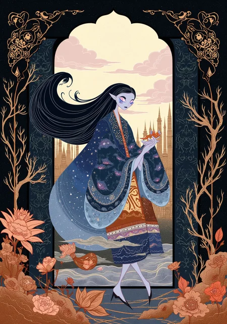 Whimsical, storybook-inspired fantasy folk art with flowing, dreamlike details. A surreal fashion photograph of an alien-like young woman with flowing ink-black hair and glowing sapphire eyes, her presence reminiscent of a celestial fox spirit captured in a Chinese paper-cut silhouette. She stands in an arched doorway, framed by delicate, hand-cut floral patterns, casting intricate shadows on her porcelain skin. Her outfit is a reimagined hanfu--floating layers of translucent silk, fused with iridescent cyber-textiles that shimmer between reality and illusion. The setting is a futuristic courtyard with walls carved like ancient scrolls, embedded with luminous symbols that pulse like breathing constellations. Through the massive windows, an alien cityscape unfolds--black fabric-like towers stitched together with golden threads, resembling an eternal tapestry. In her hands, she holds a small paper fox, its delicate form dissolving into petals as if whispering forgotten tales of past and future.