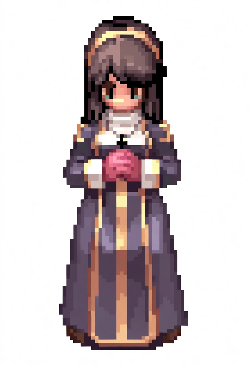 best quality, amazing quality, very aesthetic, absurdres,
pixel, 1girl, black hair, green eyes, priest, dess,
full body, simple background, white background <lora:RagnarokSpriteNoob_byKonan:1>