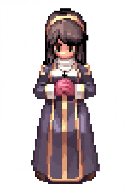 best quality, amazing quality, very aesthetic, absurdres,
pixel, 1girl, black hair, green eyes, priest, dess,
full body, simple background, white background <lora:RagnarokSpriteNoob_byKonan:1>