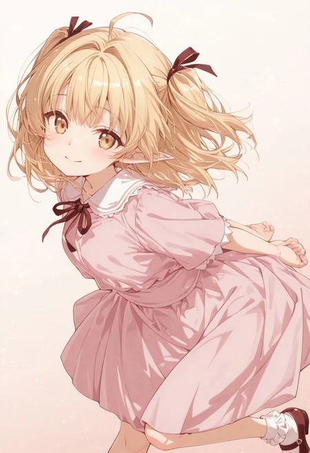 (masterpiece, best quality, newest, absurdres, highres),(anime coloring), soft colors, 1 girl solo, lily (yami healer), long hair, blonde hair, ahoge, short hair, twintails, two side up, hair intakes, hair ribbon, pointy ears, yellow eyes, pink dress, short sleeves, neck ribbon, bobby socks, mary janes, leaning behind,  arms_behind_back, one leg raised, cute smile, blush, plain background, from side, dutch angle, looking at viewer, headtilt, twisted body, closeup, gradient background