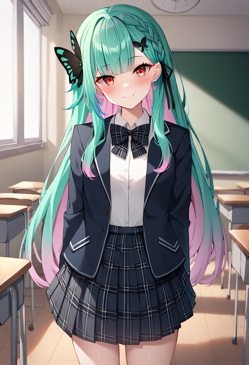 rushia_jk, multicolored hair, pink hair, green hair, long hair, red eyes, braid, small breasts, butterfly hair ornament, virtual youtuber, hair ornament, skirt, ribbon, earrings, jewelry, plaid, plaid skirt, blue jacket, open jacket, bowtie, collared shirt, petite, school uniform BREAK indoors, classroom BREAK sexy pose, looking at viewer, sexy face, sexy smile, cowboy shot, dynamic pose, BREAK score_9, score_8_up, score_7_up, source_anime ,zPDXL, perfect hand, <lora:Uruha_Rushia:0.8>