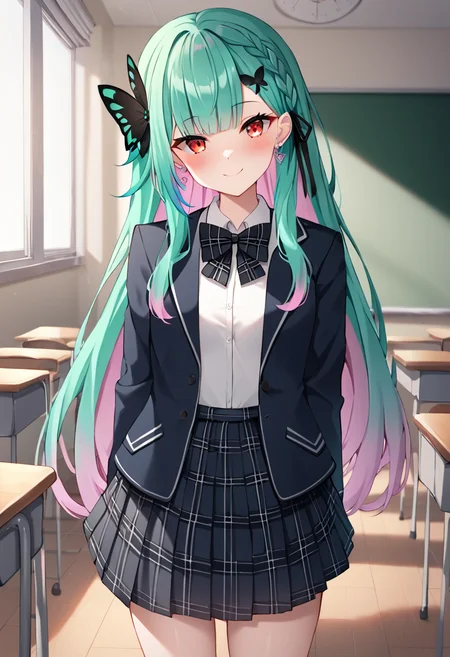 rushia_jk, multicolored hair, pink hair, green hair, long hair, red eyes, braid, small breasts, butterfly hair ornament, virtual youtuber, hair ornament, skirt, ribbon, earrings, jewelry, plaid, plaid skirt, blue jacket, open jacket, bowtie, collared shirt, petite, school uniform BREAK indoors, classroom BREAK sexy pose, looking at viewer, sexy face, sexy smile, cowboy shot, dynamic pose, BREAK score_9, score_8_up, score_7_up, source_anime ,zPDXL, perfect hand, <lora:Uruha_Rushia:0.8>