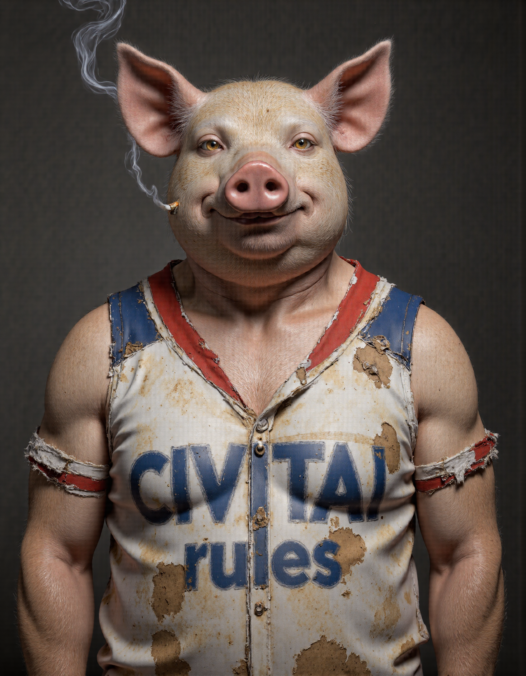 <lora:humanimality2:1>, This is an ultra-realistic, highly detailed portrait of a pig rendered with meticulous attention to texture, lighting, and natural imperfections. The pig stands confidently against a smooth gradient grey background that transitions from a deep charcoal at the bottom to a soft silvery hue near the top, creating a neutral yet dynamic setting that highlights every intricate detail of the subject., The pigâs body is round and robust, covered in a short, bristly coat of fur that captures the essence of its rough lifestyle. Each strand of hair is individually visible under the soft, diffused lighting, with subtle variations in color ranging from pale pink to deeper shades of dusty rose and faint hints of beige along the edges where light catches the coarse hairs. The skin beneath the fur has a textured surface, showcasing fine wrinkles, tiny pores, and patches of uneven pigmentation that add an authentic tactile quality to its appearance. Around the snout, the skin is slightly tougher and more leathery, with prominent folds and creases that emphasize the animal's expressive nature., Its face features sharp, lifelike details: reddish-hued eyes gleam faintly as if reflecting some distant source of light, their wet surfaces catching highlights that make them appear almost alive. A mischievous smirk plays across its lips, which are slightly parted to reveal a glimpse of small, worn teeth. The nostrils flare subtly, one holding a cigarette precariously between its ridges. Thin wisps of smoke spiral upward lazily, curling into delicate tendrils before dissipating into the air. These ethereal trails of smoke catch the light beautifully, adding movement and depth to the otherwise still composition., The pig wears a dirty, well-worn white shirt with blue and red striped accents on the shoulders and a bold red collar. The fabric is frayed at the edges, stained with smudges of dirt and grease, suggesting years of hard use or manual labor. Faint sweat marks stain the armpits, while faint rips and loose threads give the garment a gritty, lived-in feel. Emblazoned across the chest in large, bold blue letters is the word "CIVITAI rules, " partially faded but still legible, further emphasizing the rugged aesthetic of the scene., Lighting plays a crucial role in this piece, with soft, even illumination casting gentle shadows that accentuate the pig's three-dimensional form. Subtle highlights run along the ridges of its ears, the tip of its snout, and the raised fibers of its fur, while deeper shadows pool within the folds of its skin and the creases of its clothing. This interplay of light and shadow creates a masterfully realistic rendering, drawing the viewerâs eye to the intricate textures and imperfections that define the pig's character., Every element of this portraitâfrom the carefully crafted texture of the pig's bristly coat to the delicate trails of smokeâhas been meticulously designed using advanced CGI techniques combined with photorealistic textures. The result is an unparalleled level of realism that blurs the line between digital art and photography, inviting viewers to linger over the smallest details and marvel at the lifelike portrayal of this unconventional yet compelling subject.