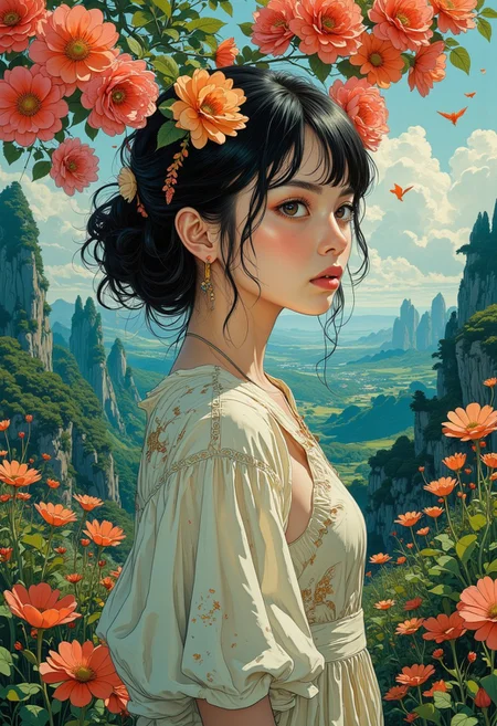 (by Yumihiko Amano:1.2), masterpiece, high-quality, organic background and young woman ,Style is Whimsical realism with surreal landscape details, organic flow, tranquil yet vast,(elaborate fine details:1.1), (hyperdetailed:1.1), (intricate details:1.0), (Refined details:1.1), (best quality:1.1), (high resolution:1.2)