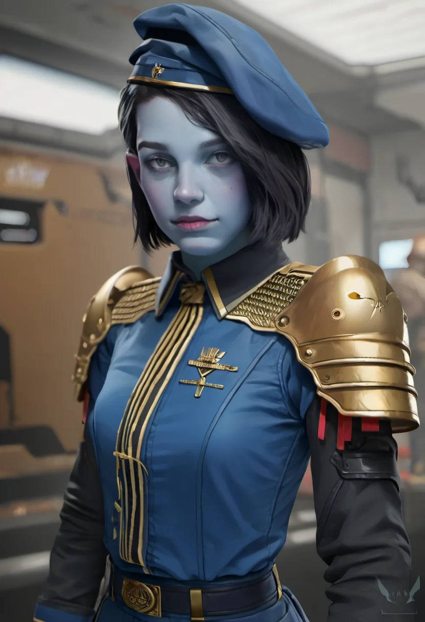 zPDXL, zPDXLxxx, BREAK <lora:nikki_gold:0.9>, nikki gold, 1girl, hat, uniform, slacks, beret, solo focus, blue headwear, short hair, colored skin, grey blue skin, grey eyes, realistic, black hair, cowboy shot,  black shoulderpads, looking at viewer