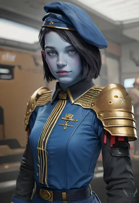 zPDXL, zPDXLxxx, BREAK <lora:nikki_gold:0.9>, nikki gold, 1girl, hat, uniform, slacks, beret, solo focus, blue headwear, short hair, colored skin, grey blue skin, grey eyes, realistic, black hair, cowboy shot, black shoulderpads, looking at viewer