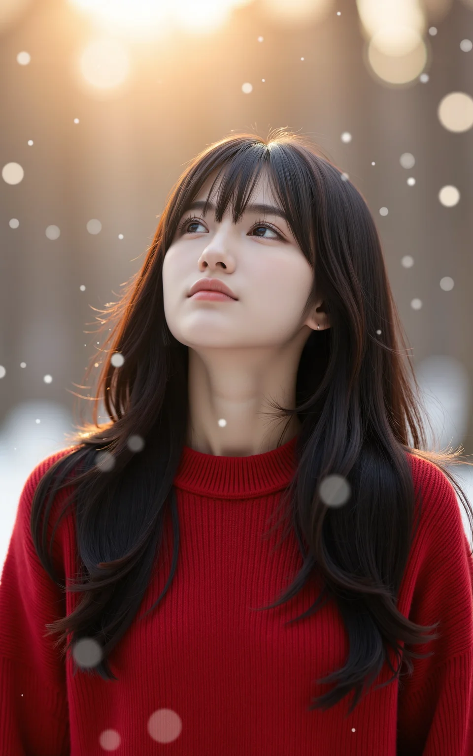 A half-body shot of a black-haired girl wearing a red sweater,she looks up at the sky peacefully. Snowflakes gently falling around her. Backlit by sunlight,creating a dreamy halo effect that highlights the warm light on her face,realistic photography style.,<lora:baby-base-01-flux:0.7>,baby,long black hair,bangs,she has a slender physique and a petite build,