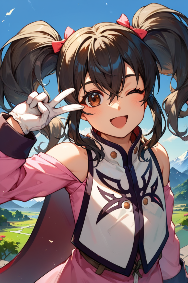 score_9, score_8_up, score_7_up, very aesthetic, source_anime, detailed, high quality, beautiful, masterpiece, detailed eyes,
<lora:lightXL:0.8>
village, mountain background,
<lora:action-sdxl-V0.5:1>zdyna_pose
peace sign, light smile, open mouth, full body, upper body,
<lora:anise_autismConfetti_v05:0.99>flat chest, wink, 
anise tatlin, 1girl, black hair, brown eyes, twintails, pink dress, white gloves, thighhighs, bare shoulders, shoes, hair bow, long sleeves, sidelocks, hair between eyes,, zPDXL