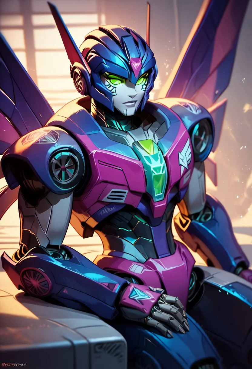 score_9_up, score_8_up, score_7_up,score_6_up, rating_safe, style_comics, transformers g1, transformers, starscream, robot with jet wings, green cockpit in middle of chest, fans on sides of chest, vents on sides of head, blue and green, model pose,