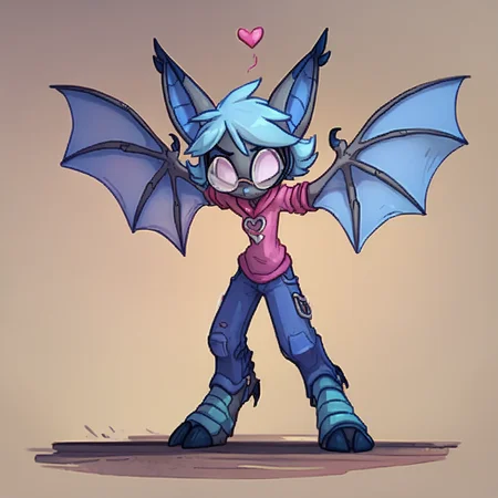 score_9, score_8_up, score_7_up,
, Dreamkeepers,vanth, solo,1girl,blue hair,standing,full body,female focus,heart,wings,horns,glasses,no humans,bat wings,
,<lora:dreamkeepers_multiple_Characters:0.8>,