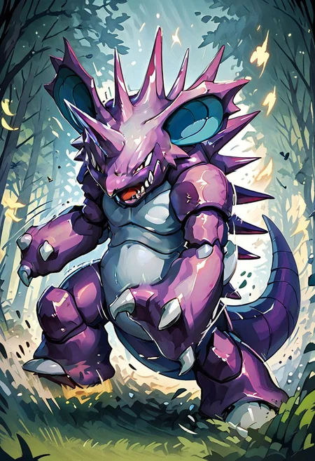 score_9, score_8_up, score_8,
zzNidoking, no humans, pokemon (creature), single horn, claws,
dynamic pose, attacking, angry, furious, motion lines,
forest, falling leaves, dust, swirls, wind,
zPDXL3,