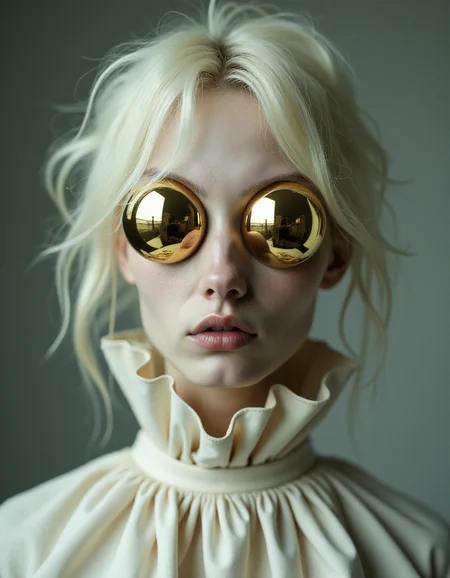 Frontal portrait of an albino woman with messy hair and huge shiny mirror orbs with golden waters embedded in her face, ruffled linen collar with wide folds, apathetic expression, muted and neutral tones, soft shadows, hyper-detailed