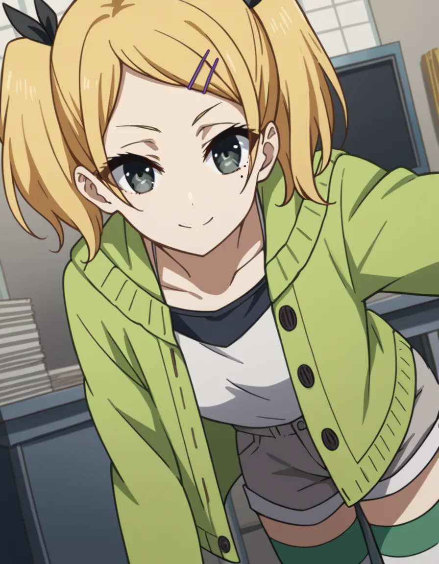 score_9, score_8_up, score_7_up, source_anime, erikayano, <lora:erika-yano-s1-ponyxl-lora-nochekaiser:1>, erika yano, short hair, blonde hair, hair ornament, twintails, hairclip, mole, grey eyes, mole under eye, short twintails, ribbon, hair ribbon,, cardigan, shorts, green cardigan, thighhighs, striped, striped thighhighs, grey shorts,, indoors, office, bent over, smile, looking at viewer, solo, cowboy shot, dutch angle