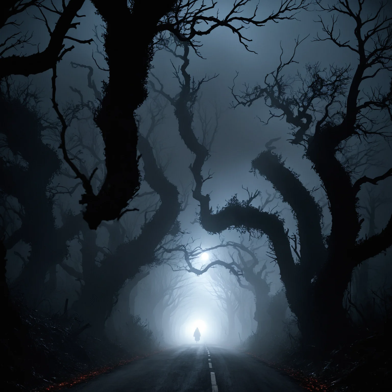 2D anime style, anime screencap, abandoned road at night, shrouded in darkness with an eerie, horror atmosphere. The background features twisted, dead trees lining the road, their gnarled branches reaching out like skeletal hands. A faint, ghostly mist hangs in the air, illuminated by a dim, flickering streetlamp casting long, sinister shadows. In the distance, a dark figure can be seen, barely visible but exuding a menacing presence. High detail and complexity, dark colors, dynamic lighting, extremely exaggerated and haunting background, eerie atmosphere, scary details