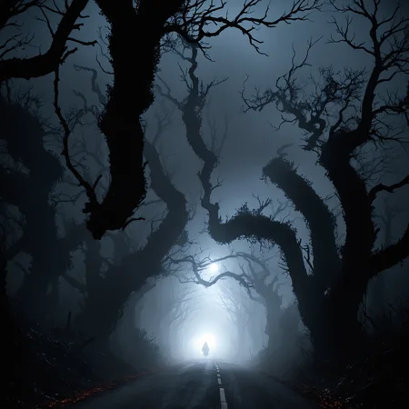 2D anime style, anime screencap, abandoned road at night, shrouded in darkness with an eerie, horror atmosphere. The background features twisted, dead trees lining the road, their gnarled branches reaching out like skeletal hands. A faint, ghostly mist hangs in the air, illuminated by a dim, flickering streetlamp casting long, sinister shadows. In the distance, a dark figure can be seen, barely visible but exuding a menacing presence. High detail and complexity, dark colors, dynamic lighting, extremely exaggerated and haunting background, eerie atmosphere, scary details