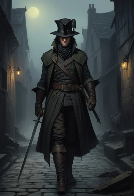 Dark Fantasy Artwork of a lean pale 14th century highwayman ((((nails picking with a straight dagger, one glove off)))), one glove on, gaunt face, beady eyes, (a creepy green moon), (top half of his face obscured by shadow). ((((Napoleons hat, bicorne)))), wide gray cowl on shoulders, short blue wool jacket, light hose, miparti codpiece, long slim riding boots. DarkestDungeon artstyle. Karl Kopinski artstyle, John Blanche artstyle, very detailed. Dark foggy alley in the 1500's background, mordheim,