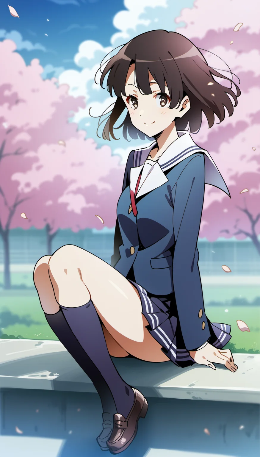 score_9,score_8_up,score_7_up,
<lora:megumikato:0.9>,
megumikato,
1girl,solo,black hair,bangs,short hair,
brown eyes,pupils,looking at viewer,smile,
blue school blazer,red ribbon tie,long sleeves,pleated skirt,
purple kneehighs,brown leather shoes,
full body,sitting,
blurry background,vignetting,bloom,light particles,outdoors,blue sky,cloud,wind,