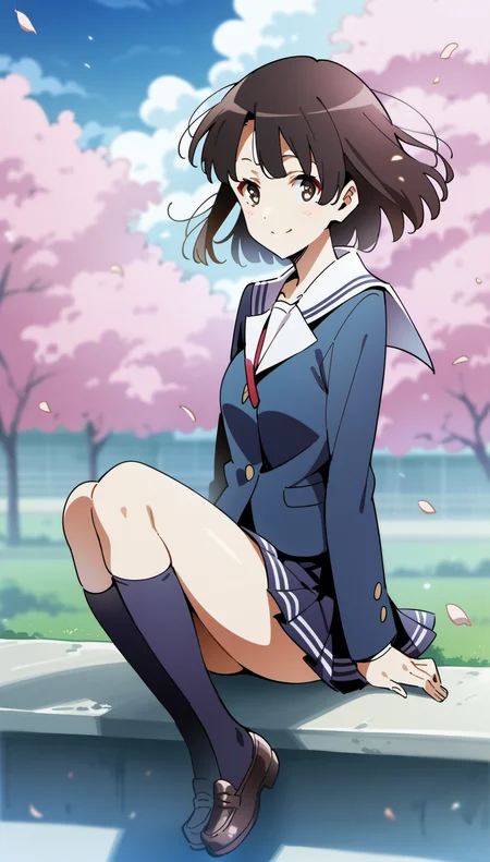 score_9,score_8_up,score_7_up,
<lora:megumikato:0.9>,
megumikato,
1girl,solo,black hair,bangs,short hair,
brown eyes,pupils,looking at viewer,smile,
blue school blazer,red ribbon tie,long sleeves,pleated skirt,
purple kneehighs,brown leather shoes,
full body,sitting,
blurry background,vignetting,bloom,light particles,outdoors,blue sky,cloud,wind,
