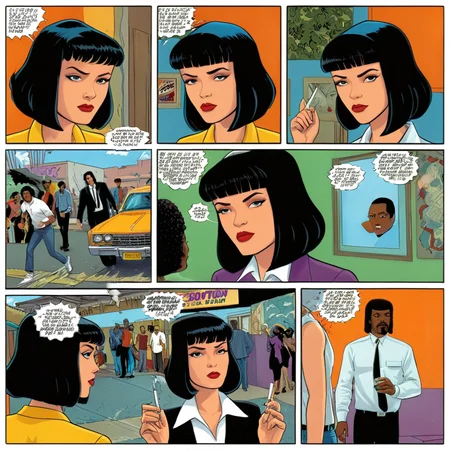 comic book art of <lora:comicbookpage style:0.9> comicbookpage style
<lora:xl_more_art-full_v1:0.5>
<lora:add-detail-xl:1>
<lora:detailed:0.3>
<lora:perfection style:0.3>
a cartoon comic book strip page of
<lora:Pulp Fiction style:0.9>Pulp Fiction style, comic art, graphic novel illustration
