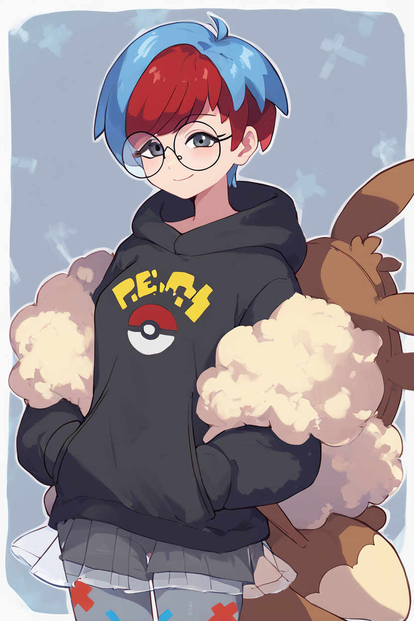 score_9, score_8_up, score_8, medium breasts, (curvy), cute, eyelashes,       ,,, , ,,, zzPenny, grey eyes, glasses, short hair, red hair, blue hair, multicolored hair, round eyewear, two-tone hair,  long sleeves, hood down, black hoodie, backpack, bag, brown bag, pantyhose,   see-through skirt,   <lora:Penny_Pokemon_PDXL:1.0>,  ,,,, BREAK, smile, looking at viewer, cowboy shot, ,,, embedding:zPDXL, Expressiveh, ,,, <lora:Zankuro_Style_PDXL:0.8> <lora:SDXLFaeTastic2400:0.5>, <lora:Expressive_H-000001:0.4>,
