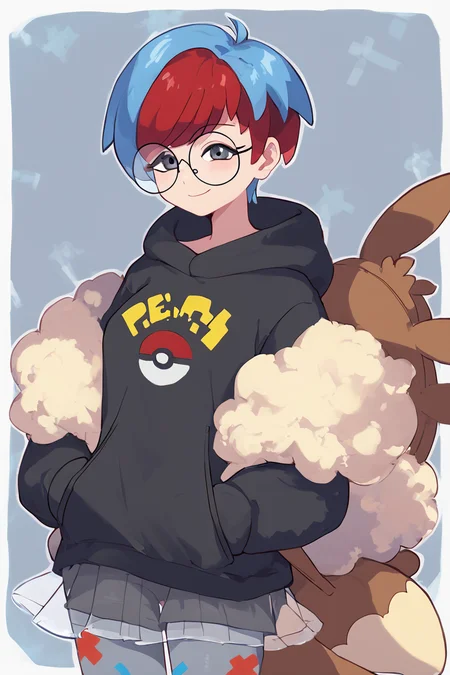 score_9, score_8_up, score_8, medium breasts, (curvy), cute, eyelashes, ,,, , ,,, zzPenny, grey eyes, glasses, short hair, red hair, blue hair, multicolored hair, round eyewear, two-tone hair, long sleeves, hood down, black hoodie, backpack, bag, brown bag, pantyhose, see-through skirt, <lora:Penny_Pokemon_PDXL:1.0>, ,,,, BREAK, smile, looking at viewer, cowboy shot, ,,, embedding:zPDXL, Expressiveh, ,,, <lora:Zankuro_Style_PDXL:0.8> <lora:SDXLFaeTastic2400:0.5>, <lora:Expressive_H-000001:0.4>,