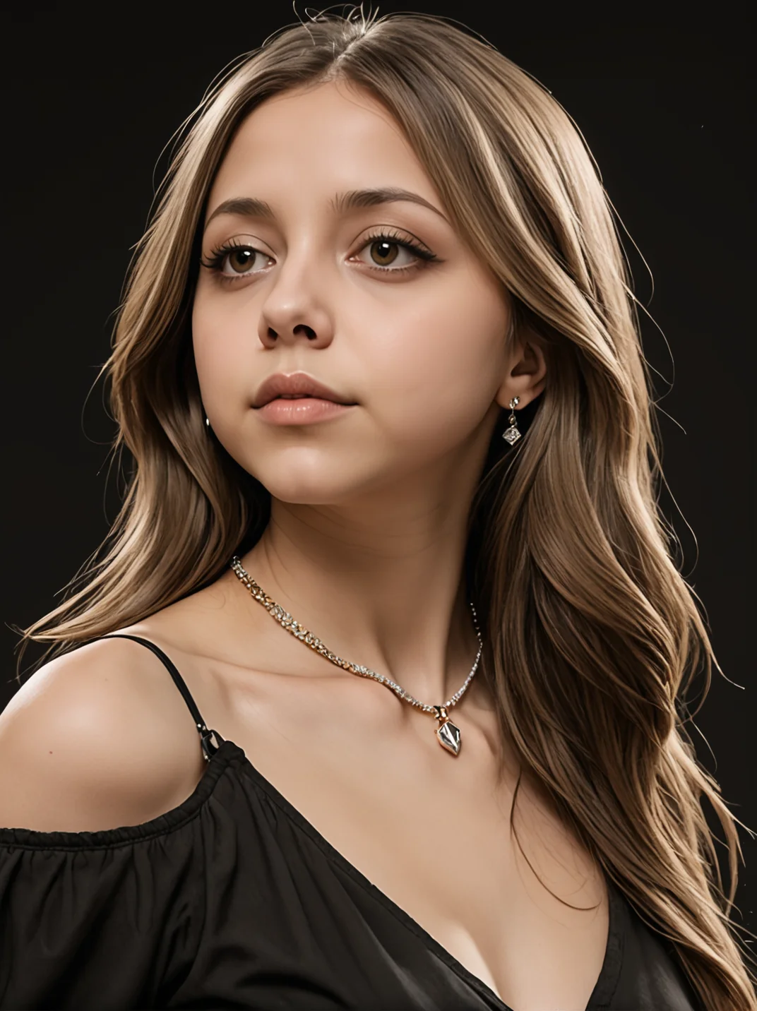 felicitysynthxl, solo, face focus, from the side, leaning over, long hair, simple background, brown hair, brown eyes, jewelry, necklace, lips, black background, realistic, neutral expression