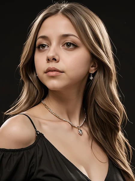 felicitysynthxl, solo, face focus, from the side, leaning over, long hair, simple background, brown hair, brown eyes, jewelry, necklace, lips, black background, realistic, neutral expression