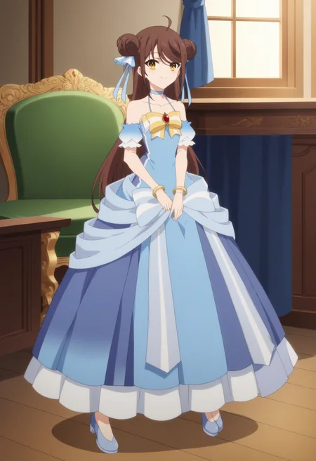 score_9, score_8_up, score_7_up, score_6_up, score_5_up, score_4_up , anime coloring ,BREAK source_anime, anime,screencap,
1girl, solo, falanyaa, bare shoulders, chest bow, blue hair ribbon, detached sleeves, gold bangle, blue dress, long dress, blue choker, <lora:PonyXL Falanya:1>
indoors,full body,
smile, looking at viewer,