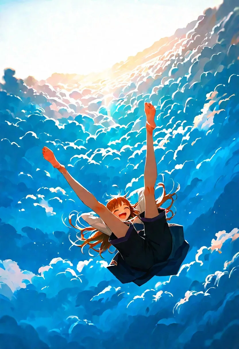 ultra-detailed painting \(medium\), (aoi ogata:1.1), yun ling, xilmo, (lm7 \(op-center\):1.1), negative space,
very awa, masterpiece, highres, absurdres, newest, year 2024, year 2023, pov hand, (attempt catching:1.2), (foreshortening:1.2), (long shot:1.2), (vanishing point:1.2), (falling:1.2), (from above:1.2), fantasy, above clouds, (sunlight:1.3), sunbeam, depth of field,
sky below,
holo \(spice and wolf\), 1girl, falling, arms behind head, closed eyes, happy, excited, light smile, full body shot, barefoot, on back, outstretched legs,
detailed background,
<lora:KonyaKarasue-000008:0.35>, <lora:96YOTTEA-WAI:0.55>, <lora:add-detail-xl:0.5>, <lora:ponyv4_noob1_2_adamW-000017:0.33>, <lora:spo:0.85>, <lora:TA_trained:0.55>,