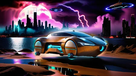 (flying through a futuristic cityscape with towering skyscrapers, in a sci-fi spaceship in the shape of a earth sportscars in a chameleon space and stars paintwork made of polished carbon that changes colors with the light:3.0), that changes colors with the light, passing by at light speed:2.0) (The camera is positioned from the front:1.3), capturing the neon flash and motion trail of the car, (In the background, a futuristic cityscape with towering skyscrapers and neon lights is visible on the horizon, blending seamlessly with a starry sky filled with cosmic art and glowing stars:2.0), The scene is enhanced by motion blur, epic visual effects, interstellar flow, and detailed scifi elements, The dark, vibrant colors of the car contrast with the expansive night sky, illuminated by star blasts and lens flares, The full moon night is stormy, with lightning adding dramatic lighting to the scene, (The overall composition is ultra detailed with a shallow depth of field and a rich, detailed background, rendered in dark noir style with HDR, RAW quality, ray tracing reflections, sharp focus, and ultra realism:2.0),
<lora:dreamcolor:0.3> <lora:style:0.3> <lora:EDG_-_Test_Lora:0.3> <lora:SDXLHighDetail_v5:1> <lora:LowRA:1> <lora:ste4mpunk:1>, (miniplanet:2.0) <lora:small-planet-04:0.8> small floating planet,