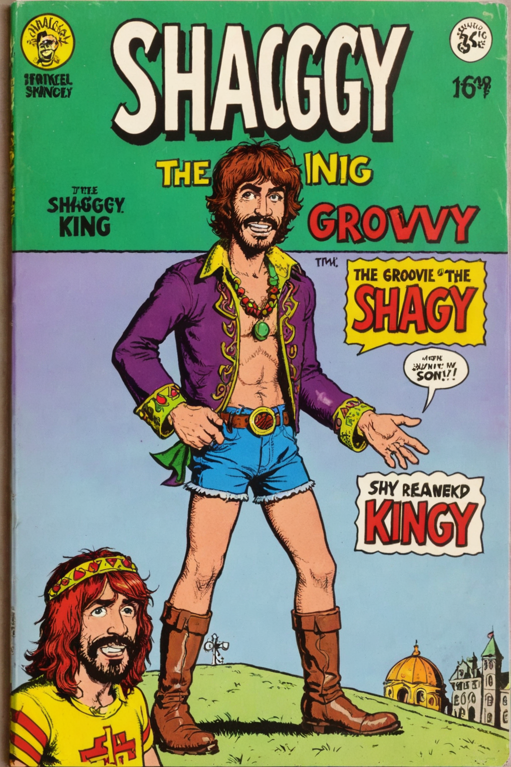vintage comic book with the title text: "Shaggy the groovy king", with a breathtaking detailed illustration of groovy king Shaggy