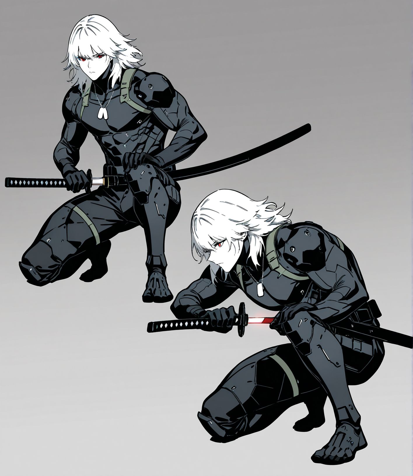 masterpiece,best quality,amazing quality,very aesthetic,absurdres,newest, huge filesize,
<lora:spo_sdxl_10ep_4k-data_lora_webui:0.5>,
<lora:add-detail-xl:1>
 iaidow,weapon, katana, holding sword, ready to draw, sheathed, unsheathing, scabbard, fighting stance, battoujutsu stance ,<lora:iaido_Illust_v1:0.8>
Kneel down on one knee,
1boy, short hair, muscular male,  holding sword,   red eyes, full body,Bio-Ninja, white hair, medium hair, 
raiden \(metal gear\), 
Machine armor,dog tags, 
simple pencil sketch, spot color, <lora:Yoji:0.8> yoji_shinkawa,