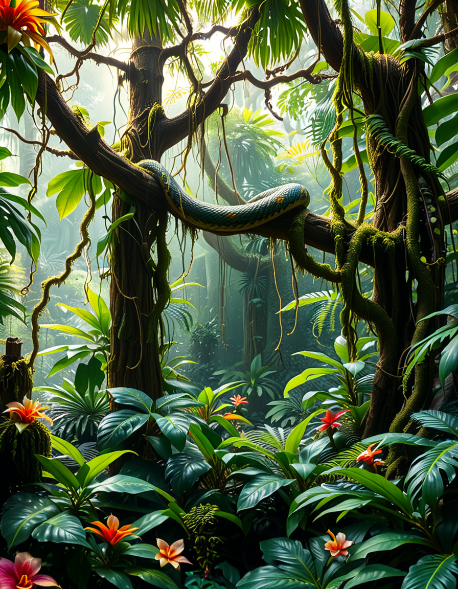 A dense and vibrant jungle,jungl3, captured in a realistic photographic style, with lush green foliage of various tropical plants, tall trees covered in moss and vines, and sunlight filtering softly through the canopy above. The atmosphere feels humid and alive, with small details such as ferns, orchids, and a scattering of tropical flowers in shades of red, yellow, and purple. A narrow, winding dirt path cuts through the undergrowth, partially hidden by fallen leaves and roots. The scene feels immersive and serene, with subtle mist lingering in the distance, enhancing the sense of depth and mystery. The overall lighting is natural, with dappled sunlight creating dynamic shadows on the ground and the surrounding plants.
<lora:jungl3:1><lora:SDXLFaeTastic2400:0.4> <lora:extremely_detailed:0.4> extremely detailed, Masterpiece,best quality,hi res,8k,hi res,8k,award winning,(sharp focus, intricate, highly detailed),