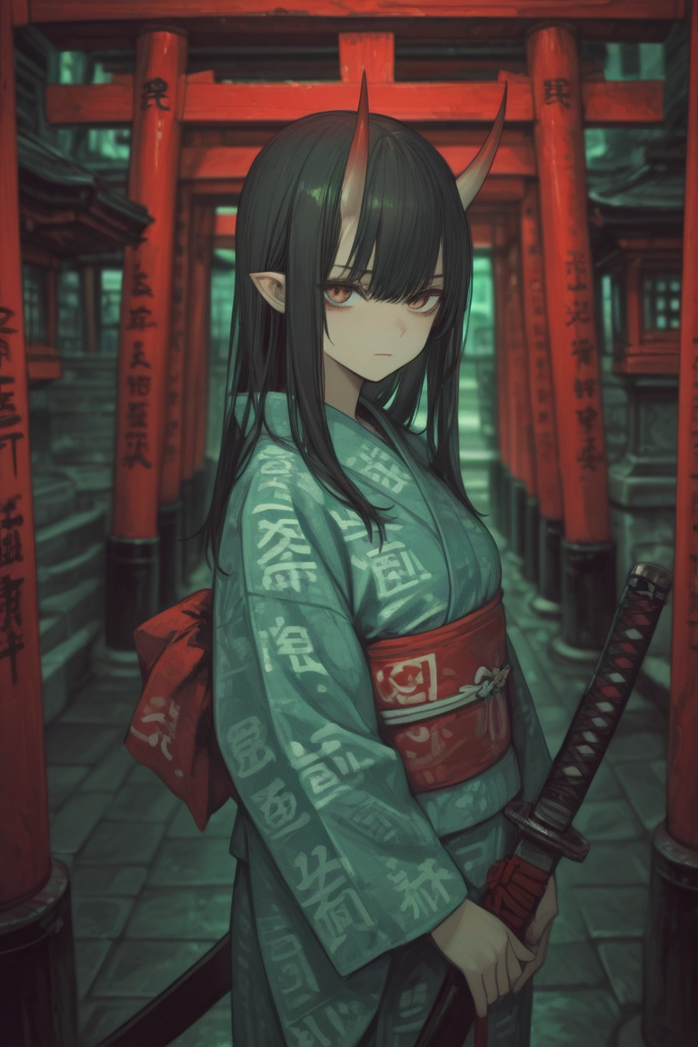 <lora:LCMV2-PONYplus-PAseer:1>
 <lora:Nightmare_Katana_IL:0.8>
(off center:1.3), (green theme:1.4), 
1girl, bangs, black hair, blurry, blurry background, building, caution tape, city, closed mouth, east asian architecture, holding, holding weapon, japanese armor, japanese clothes, katana, kimono, long hair, long sleeves, looking at viewer, multiple swords, multiple torii, obi, oni, outdoors, pointy ears, red background, red eyes, red moon, red theme, sash, scabbard, sheath, sheathed, shrine, solo, stairs, standing, sword, torii, weapon, yellow eyes