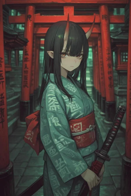 <lora:LCMV2-PONYplus-PAseer:1>
<lora:Nightmare_Katana_IL:0.8>
(off center:1.3), (green theme:1.4),
1girl, bangs, black hair, blurry, blurry background, building, caution tape, city, closed mouth, east asian architecture, holding, holding weapon, japanese armor, japanese clothes, katana, kimono, long hair, long sleeves, looking at viewer, multiple swords, multiple torii, obi, oni, outdoors, pointy ears, red background, red eyes, red moon, red theme, sash, scabbard, sheath, sheathed, shrine, solo, stairs, standing, sword, torii, weapon, yellow eyes