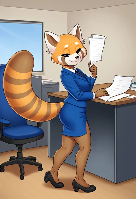 (detailed texture, digital artwork, improved quality, soft shading, cartoon, cinematic:1.2), ((office, desk, papers)), (((solo, full body))), ((textured fur, anthro red panda, female, Retsuko_(Aggretsuko):1.1)), ((snout, ears, tail, claws, black eyes, eyelashes)), ((blue office suit:1.2)), (((smile, half-closed eyes, posing)),