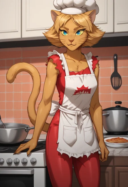 score_9, score_8_up, score_8, <lora:Request_Cat_Clover_Totally_Spies_for_PonyXL:0.8> animal ears, 1girl, furry, cat girl, cl0ver, short hair, torn clothes, furry female, blonde hair, tail, body fur, blue eyes, cat ears, whiskers, kitchen, cooking, apron, chef hat, pants, shirt,