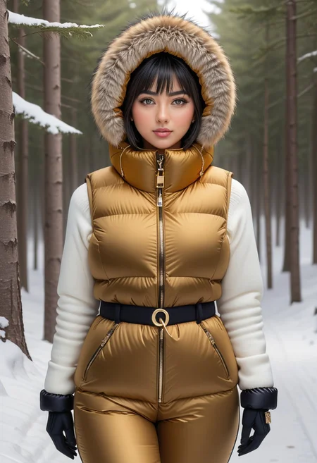 ((((puffer padded jacket)))), ((((puffer padded coat)))), ((((full body)))), ((((fur boots)))), ((((puffer pants)))), ((((puffer hood up)))), winter, snow, forest, 1girl, solo, (masterpiece), detailed face, detailed eyes, (beautiful detailed eyes:1.5), sidelighting, (super detail, hyper detail, intricate_details, detailed), (semi realistic:1.6), (Bob cut), blunt bangs,(black hair), (purple eyes, eyelashs), tanned skin, smug smile, angry face, Golden jewelery, golden rings, golden necklace, golden armlets, golden chains, padded collar, Thick padded collar, <lora:Collar-SDXL:0.6>, <lora:cropped_puffer_vest_v2:0.4>, <lora:snowpants_v1:0.4>