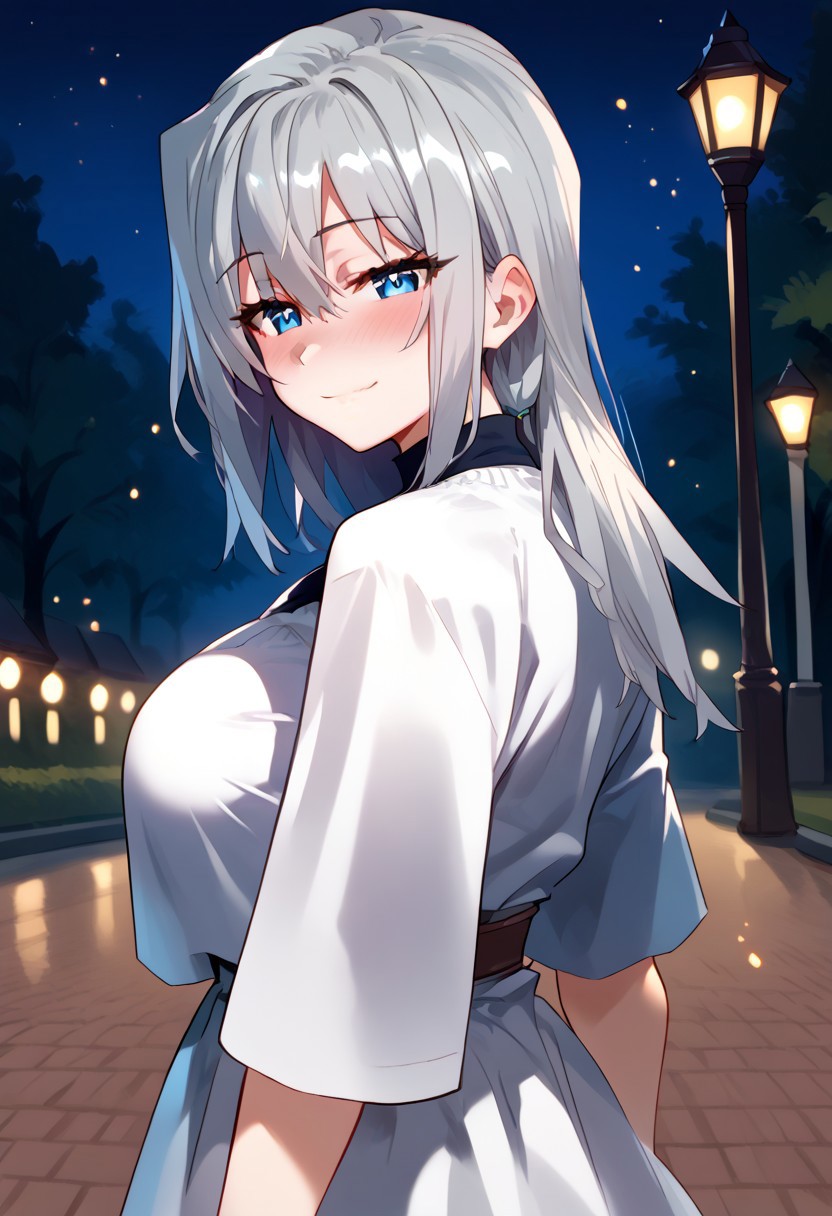 zPDXL3, score_9_up, score_8_up, score_7_up, (Anime_source), 1girl, Elsa, blue eyes, silver hair, long hair, Elsa clothes, looking back, looking at viewer, dutch angle, smile, blush, closed mouth, half closed eyes, particles, night, trees, park, streetlights
