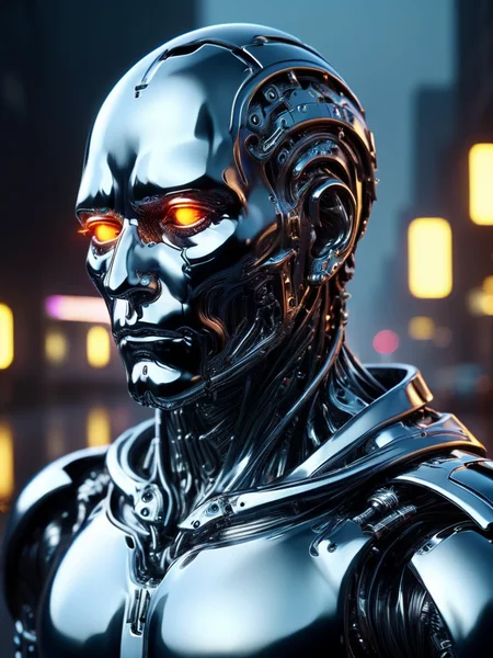 ral-chrome , cyberpunk robot, digital glowing eyes, closeup upper body shot, 8k, heavy details, neon background, foggy sky, at night, puddles on the street, reflecting the neon light <lora:ral-chrome-sdxl:1>