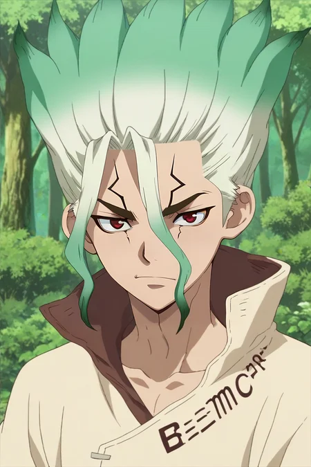 score_9, score_8_up, score_7_up, source_anime, , looking at viewer, upper body, , 1boy, solo, male focus, <lora:senkuu_ishigami_pony:0.96>, senkuu_ishigami, green hair, red eyes, multicolored hair, two-tone hair, white hair, facial mark, , An enchanted forest where magical creatures and plants abound, , <lora:sdxl_lightning_8step_lora:1>