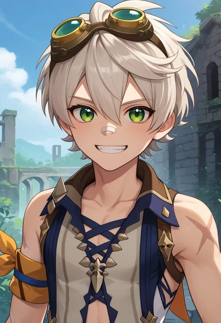 score_9, score_7_up, source_anime,
bennett, 1boy, male focus, solo, green eyes, grey hair, short hair, hair between eyes, bangs, goggles, goggles on head, bandaid, bandaid on nose, shirt, white shirt, sleeveless, collarbone, scar, scar on arm, midriff, navel, gloves, brown gloves, thumb up, smile, grin, upper body,
outdoor, nature, sky, ruins,