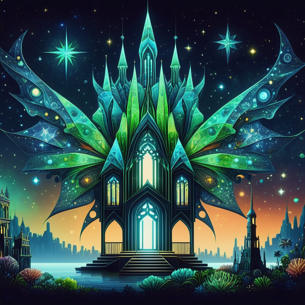 ((best quality)), ((masterpiece)), (hyper detailed), Dolman Sleeves architecture Star Cluster Bioluminescence,Algae,Alternate History, <lora:DonMF41ryW1ng5XL:1>