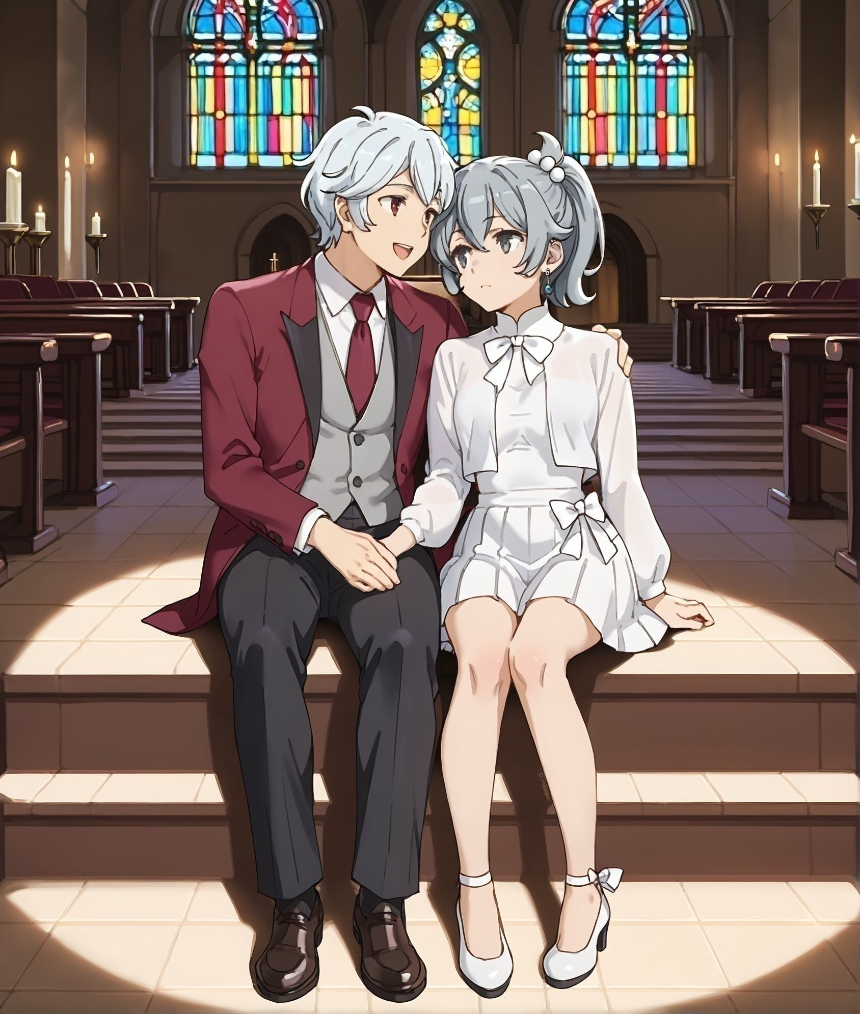 score_9,score_8_up,score_7_up,masterpiece, best quality, <lora:WHM 0.2v:0.5>, WHM, 2D,anime,  
<lora:HandFixer_pdxl_Incrs_v1:0.5>,  
red eyes male and grey eyes  female, 
 1boy, 1girl, embrace,  (church pews),sitting on church pews, full body, sitting, 
church seat,huge church background,
medieval town ,  fantasy,dungeon ni deai wo motomeru no wa machigatteiru darou ka style,  
BREAK
 1boy, 1girl, embrace,  (church pews),sitting on church pews, full body, sitting, 
<lora:bell01:0.7>, bell01, 
<lora:Bell_Cranel_r2:0.1> belcranel,
 shirt, red eyes, white hair, red necktie, formal,black pants, red Tuxedo,open mouth, happy,
grey inner vest, suit,
BREAK
 1boy, 1girl, embrace,  (church pews),sitting on church pews, full body, sitting, 
<lora:DanMachi_SyrFlovaXL:0.8>  short hair, short ponytail, grey hair, grey eyes, hair between eyes, hair bobbles, earrings, SyrDate, cropped jacket, white jacket, collared shirt, (white shirt), long sleeves, bow skirt, pleated skirt, white skirt, white bow , thigh gap,Full-length top,coverage top,shoes,