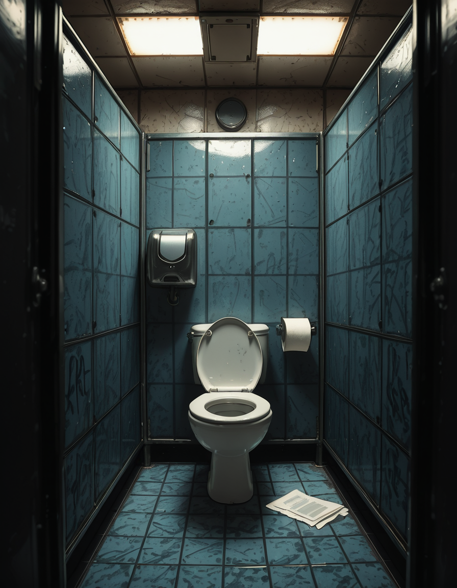 A highly realistic, detailed photograph of a public restroom stall from a human eye-level perspective. The stall is constructed with dull, light gray metal partitions showing subtle scratches and wear from years of use. The door is slightly ajar, with a simple metal latch and a small gap visible at the bottom and top of the door. Inside the stall, there is a standard white ceramic toilet with a chrome flush handle, positioned against a wall of white, slightly aged subway tiles. The floor is covered with small, dark gray hexagonal tiles, with faint reflections from the overhead fluorescent lighting. A single toilet paper dispenser made of stainless steel is mounted to the side wall, partially filled, with a torn sheet hanging loosely. The lighting is cool and sterile, casting soft shadows and emphasizing the slightly utilitarian, worn-out atmosphere of the space. Subtle details like faint graffiti scratched into the partition, a discarded paper towel near the floor, and small water stains near the base of the toilet contribute to the realistic, everyday public restroom feel. The photo is sharp, with a neutral color palette and an urban documentary style.
 <lora:SDXLFaeTastic2400:0.4> <lora:extremely_detailed:0.4> extremely detailed,<lora:public_restroom_st4ll_r2:1>,public restroom st4ll, Masterpiece,best quality,hi res,8k,hi res,8k,award winning,(sharp focus, intricate, highly detailed),